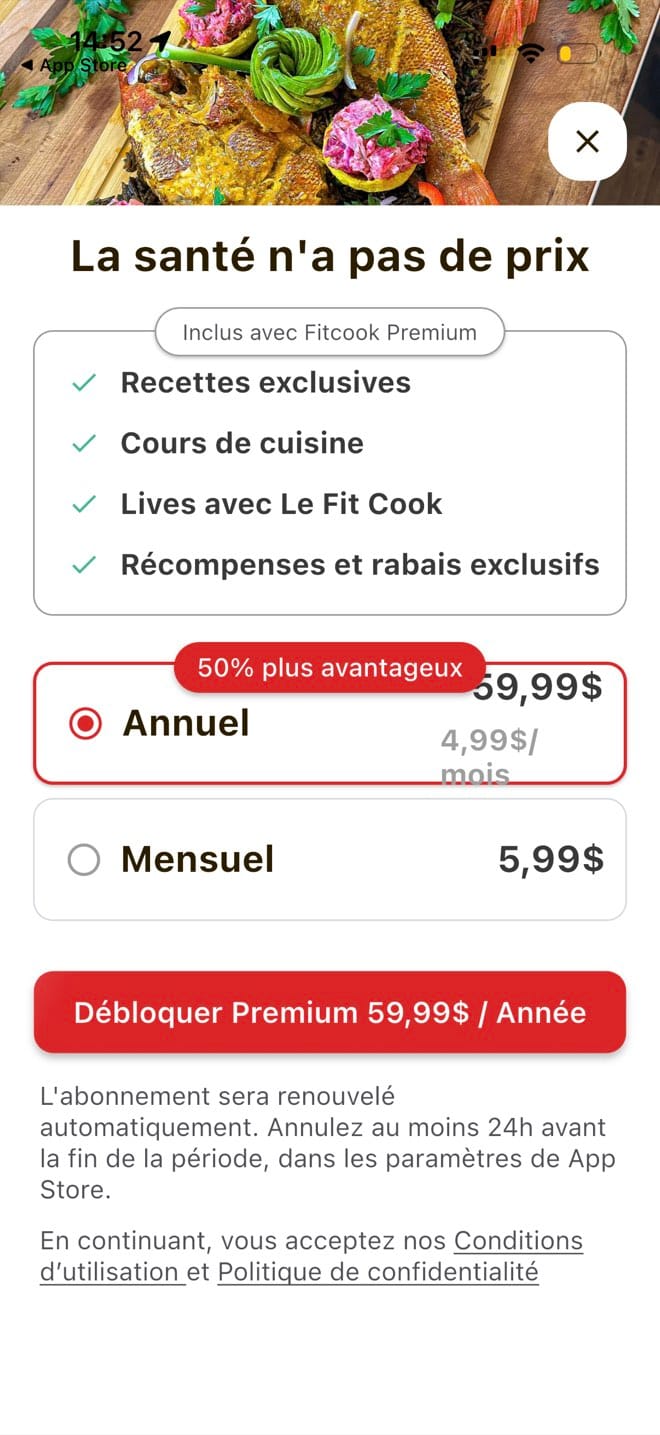 FitCook Foodz Premium paywall comparing an annual and a monthly plan with the included benefits