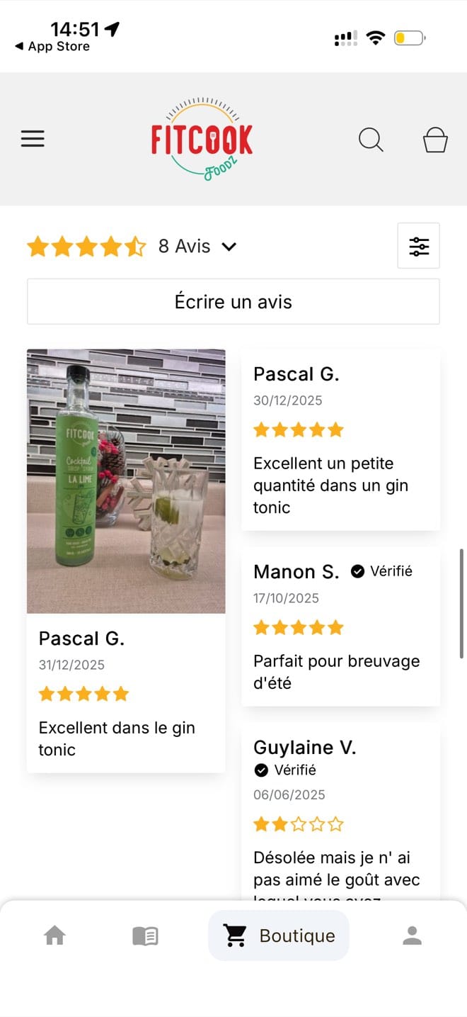 FitCook Foodz product reviews with a 4.5 star average, verified buyer badges and a customer photo review