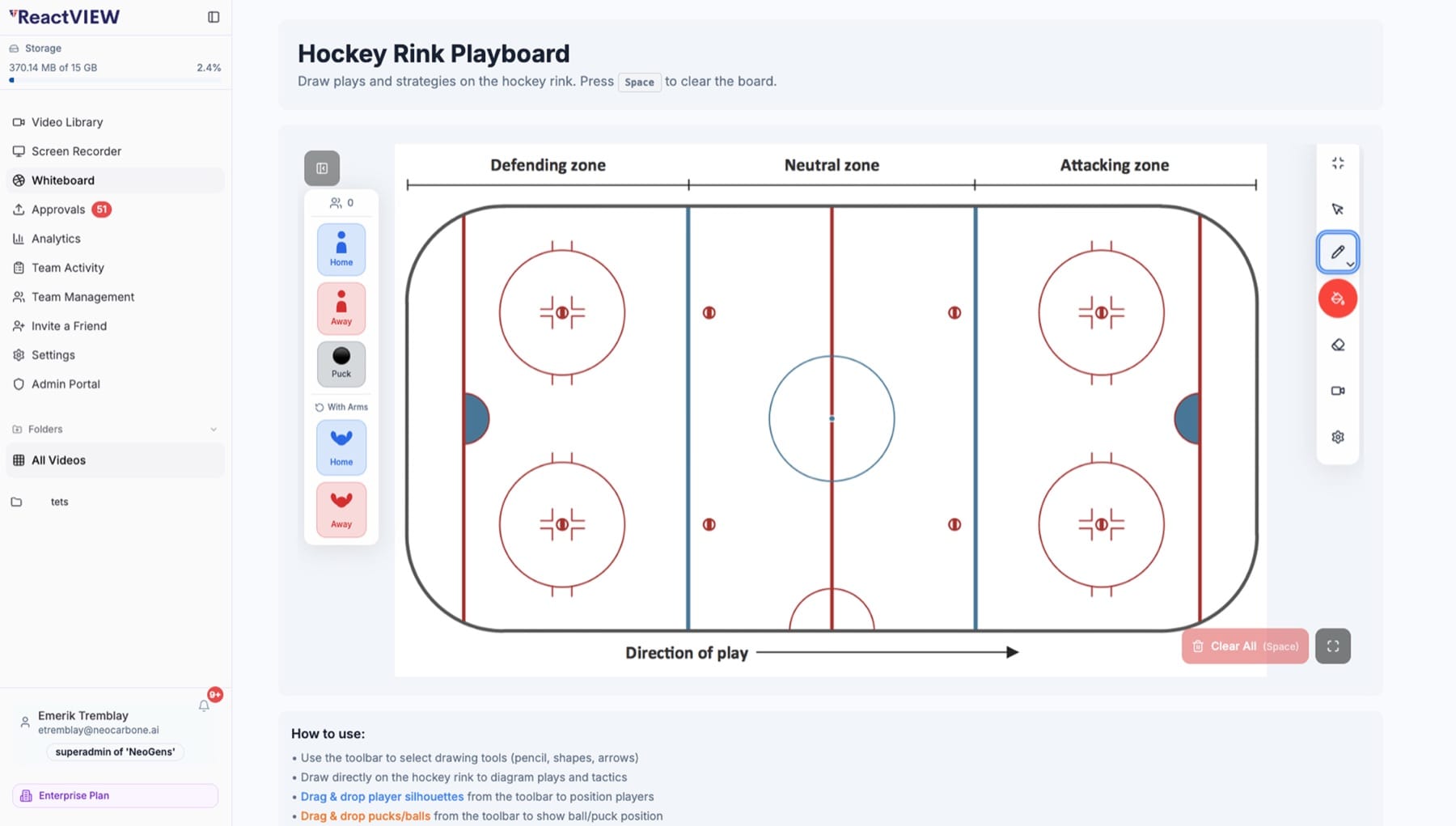 The hockey rink playboard with zones labelled, draggable player tokens and pucks, and drawing tools