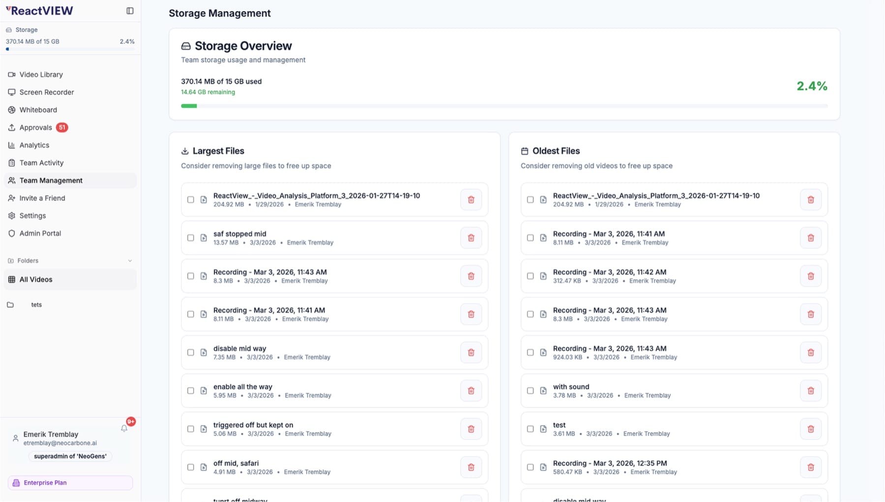 Team storage management: a usage bar beside lists of the largest and oldest files with delete controls