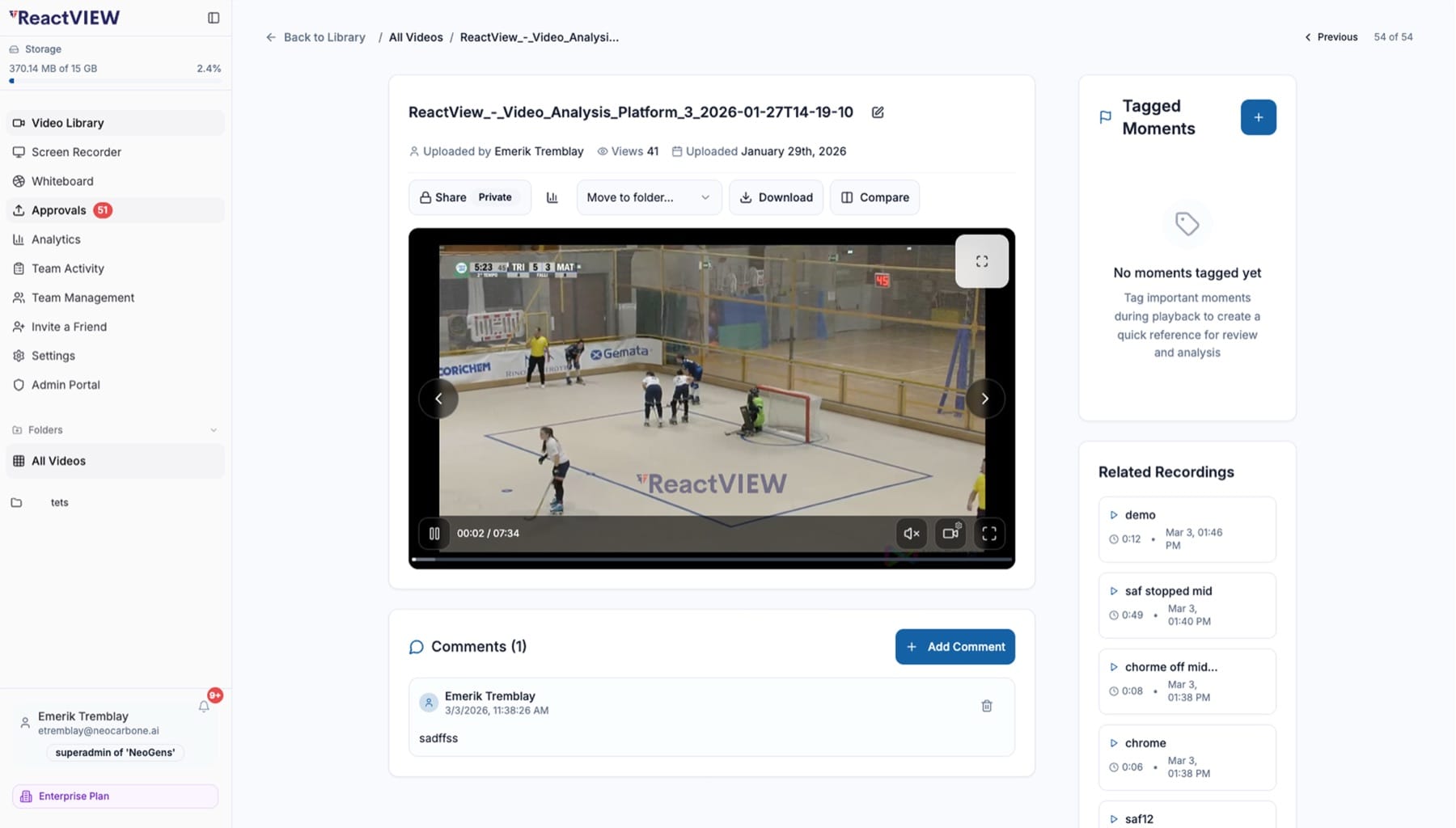 A ReactView video page with share and compare controls, a tagged-moments panel and threaded comments