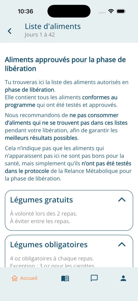 The approved food list for the Libération phase, with expandable sections for free vegetables and required vegetables and the quantities for each.