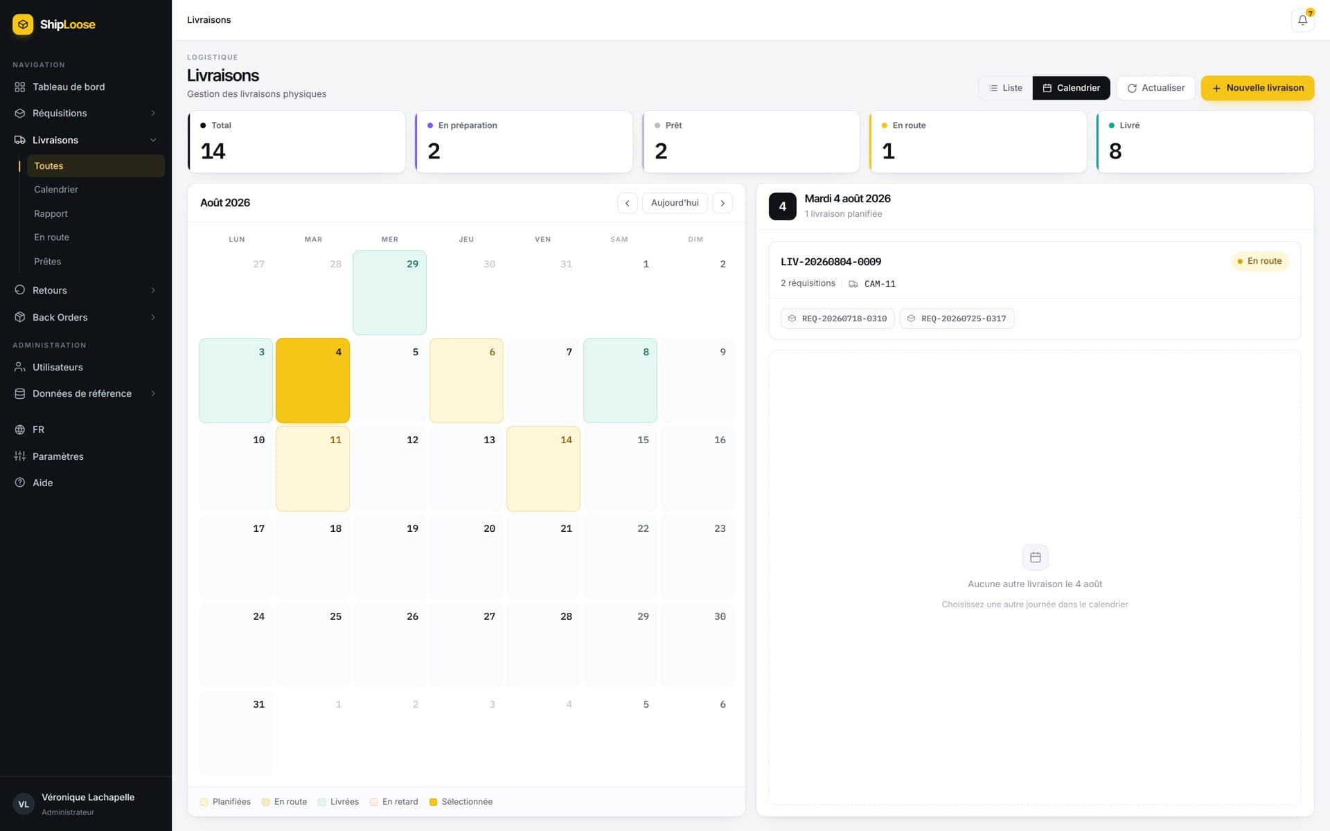 The deliveries calendar in Shiploose: counters for total, in preparation, ready, on the road and delivered above a month grid coloured by delivery state, with the selected day's deliveries listed beside it.