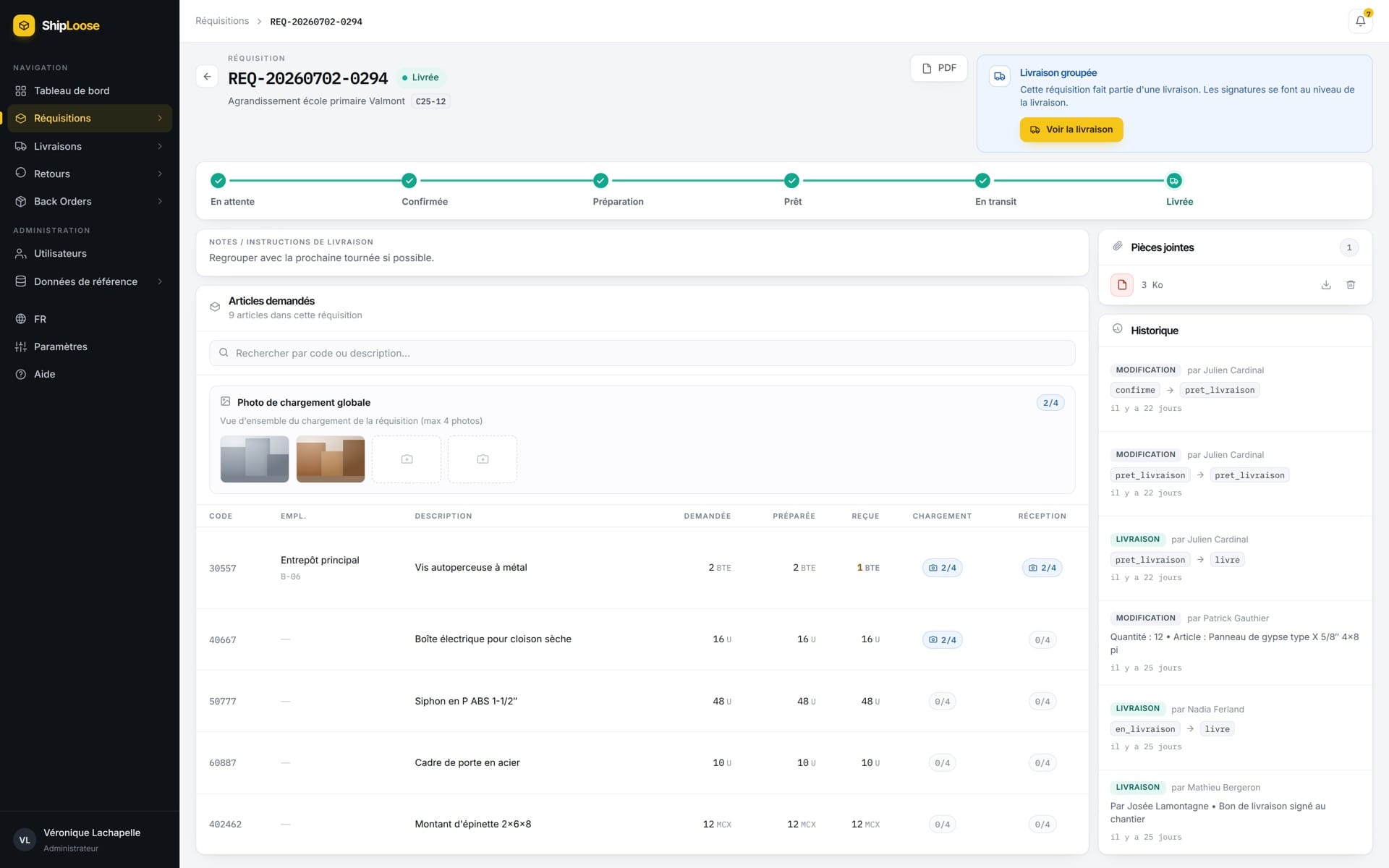 A requisition record in Shiploose: the six-state progression, the loading photographs, and an item table showing code, storage location, description and the quantities requested, prepared and received, beside a panel of attachments and the full change history.