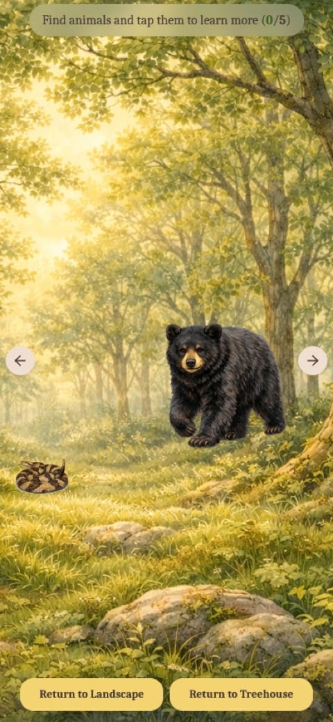 The forest scene on a phone, showing the bear and the rattlesnake, with arrows to move across the scene.