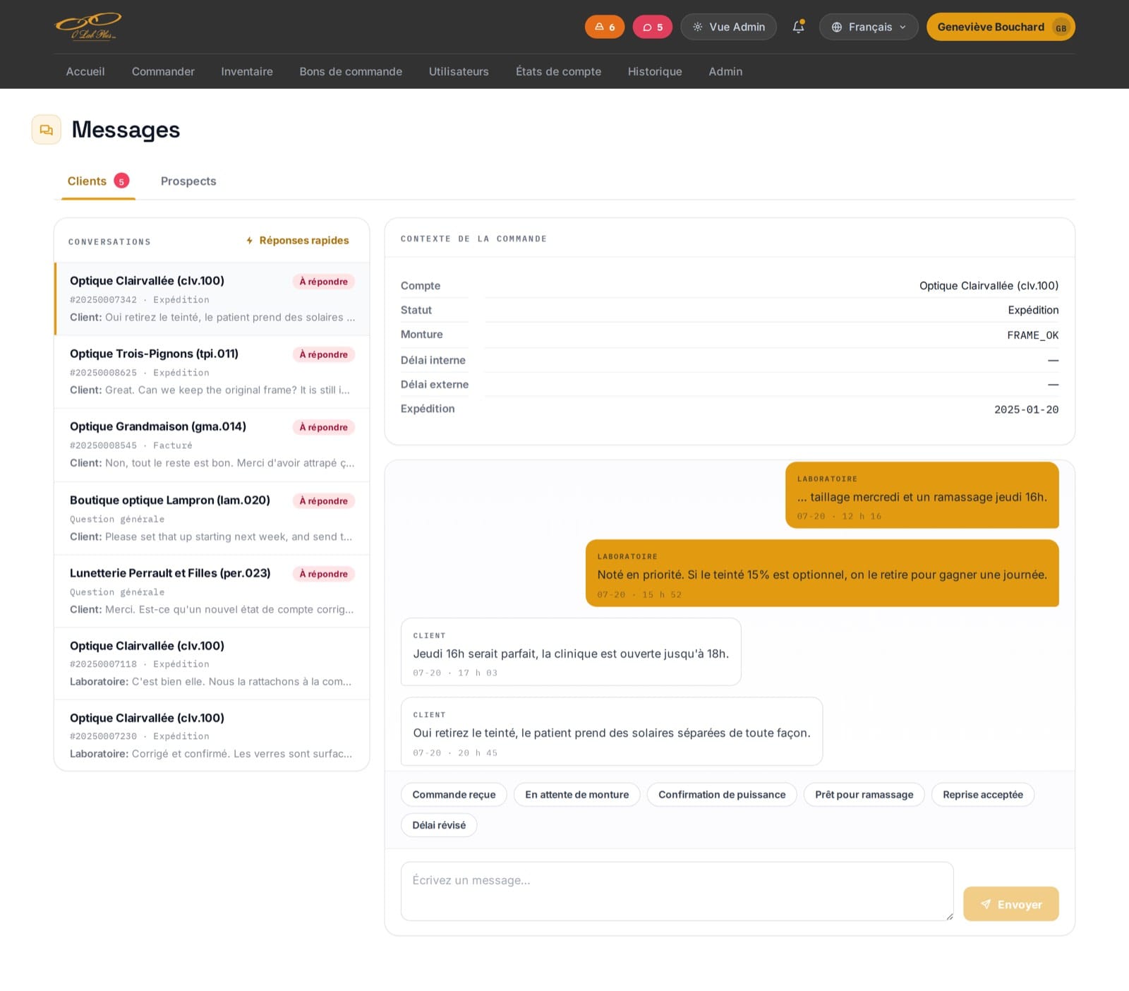 The client messages screen: a list of conversations with an À répondre flag, the order context for the open thread showing account, status, frame, internal and external delay and shipping date, the lab and client messages in order with timestamps, six quick-reply buttons and a message box.