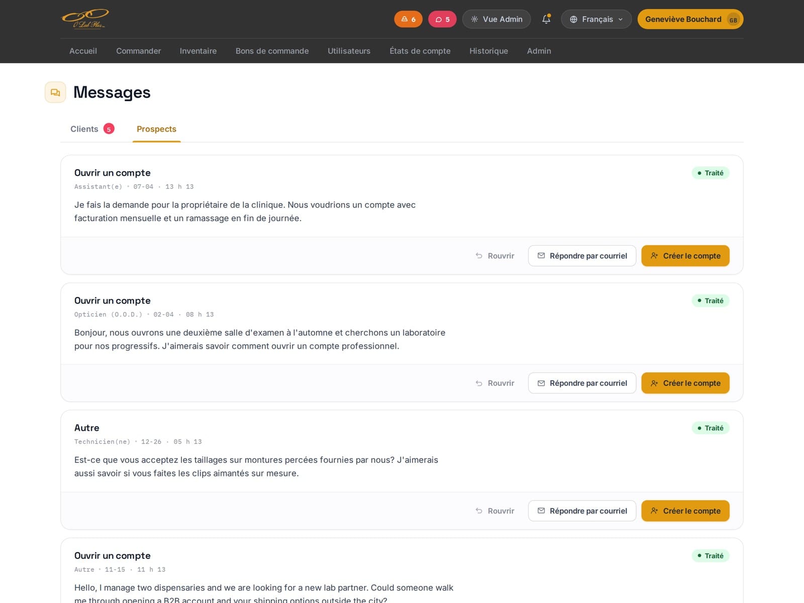 The Prospects tab of the messages screen: account requests from the public contact form, each with the sender's role, the date, the message, a Traité status and buttons to reopen, reply by email or create the account.